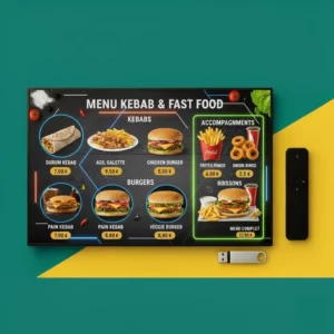 Création de menu boards digitaux pour restaurants, fast-foods et kebabs.